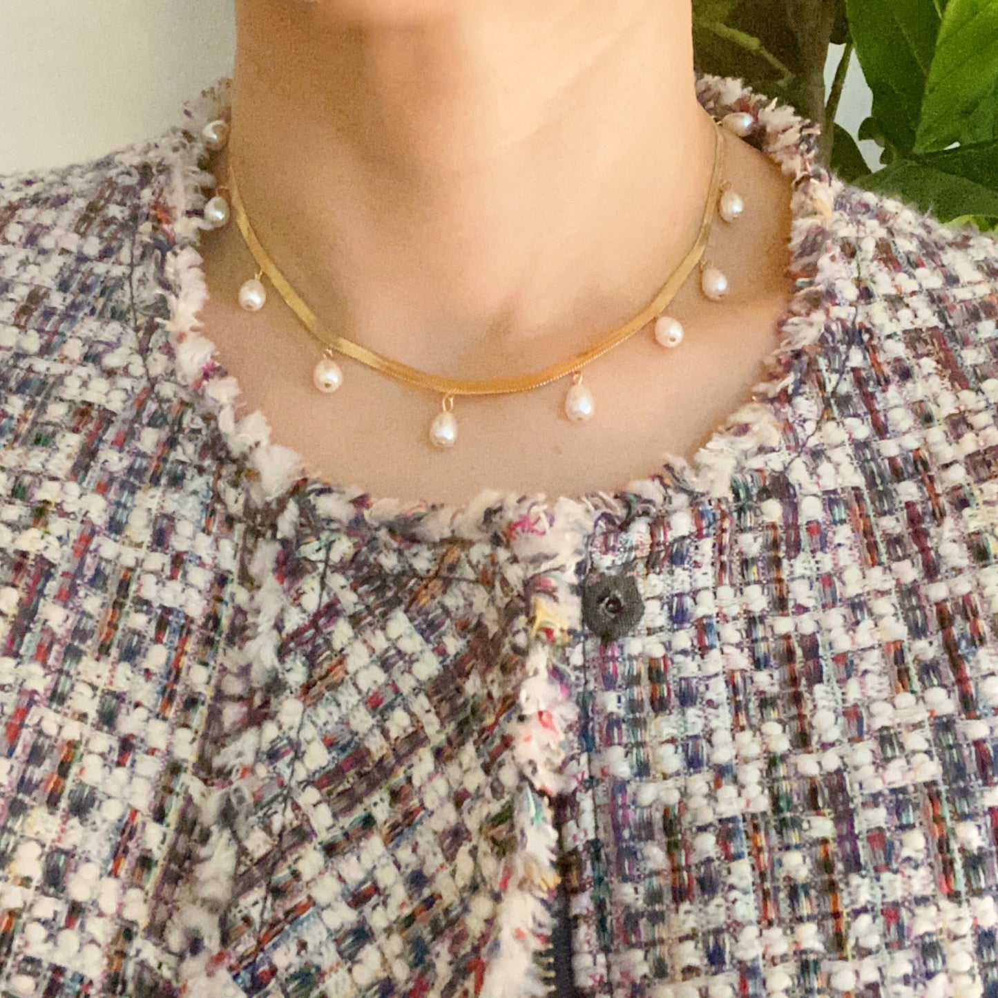 Pearl Drop Herringbone Chain Necklace