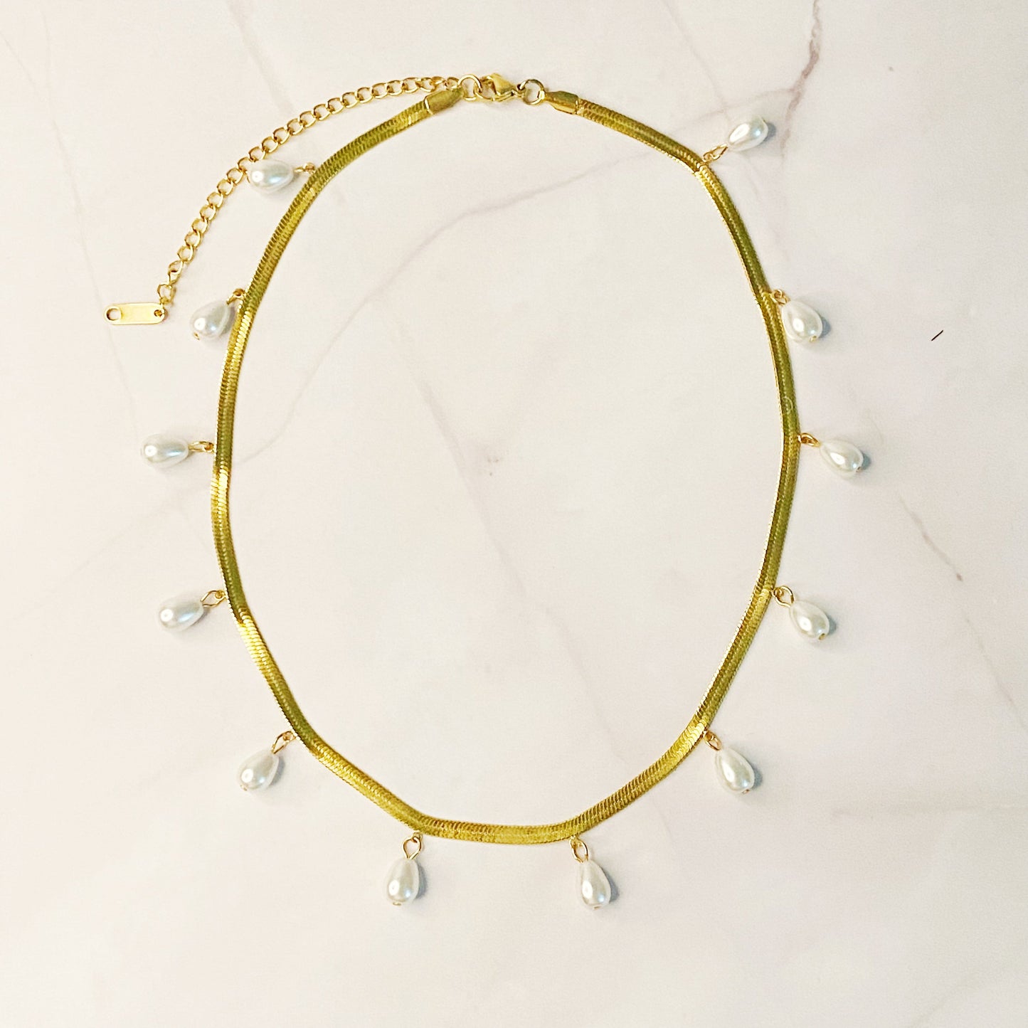 Pearl Drop Herringbone Chain Necklace