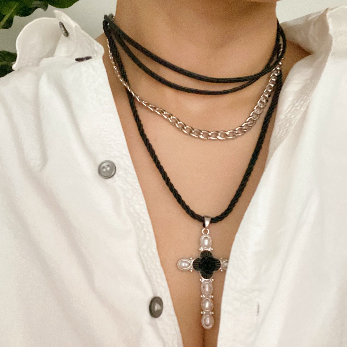 Layered Black Rose Cross Necklace