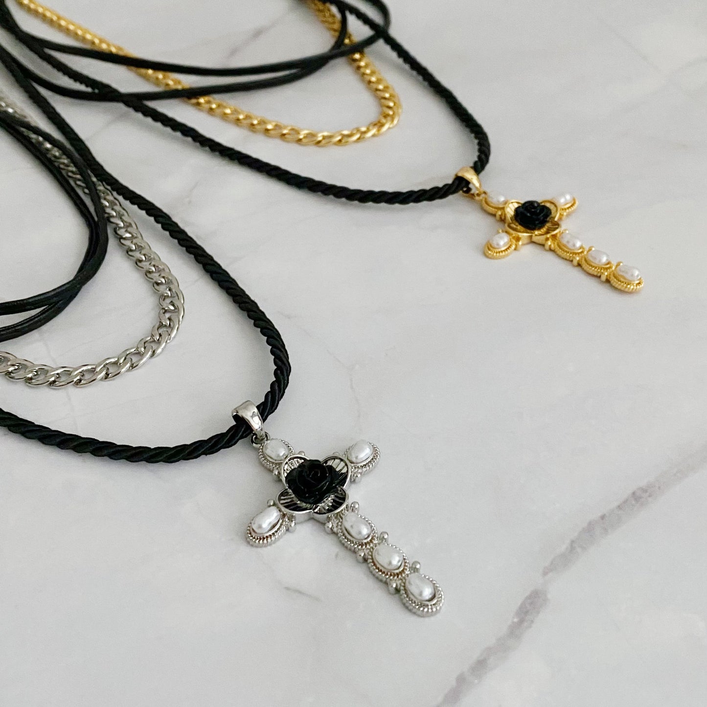 Layered Black Rose Cross Necklace