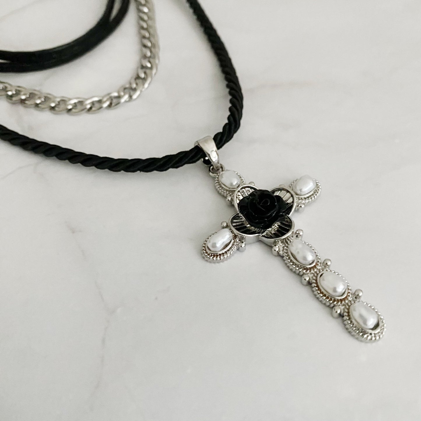 Layered Black Rose Cross Necklace