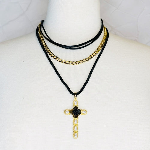 Layered Black Rose Cross Necklace