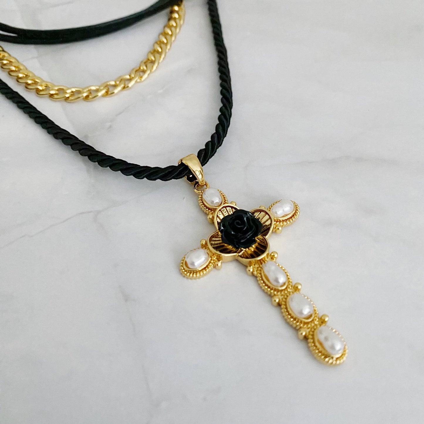 Layered Black Rose Cross Necklace