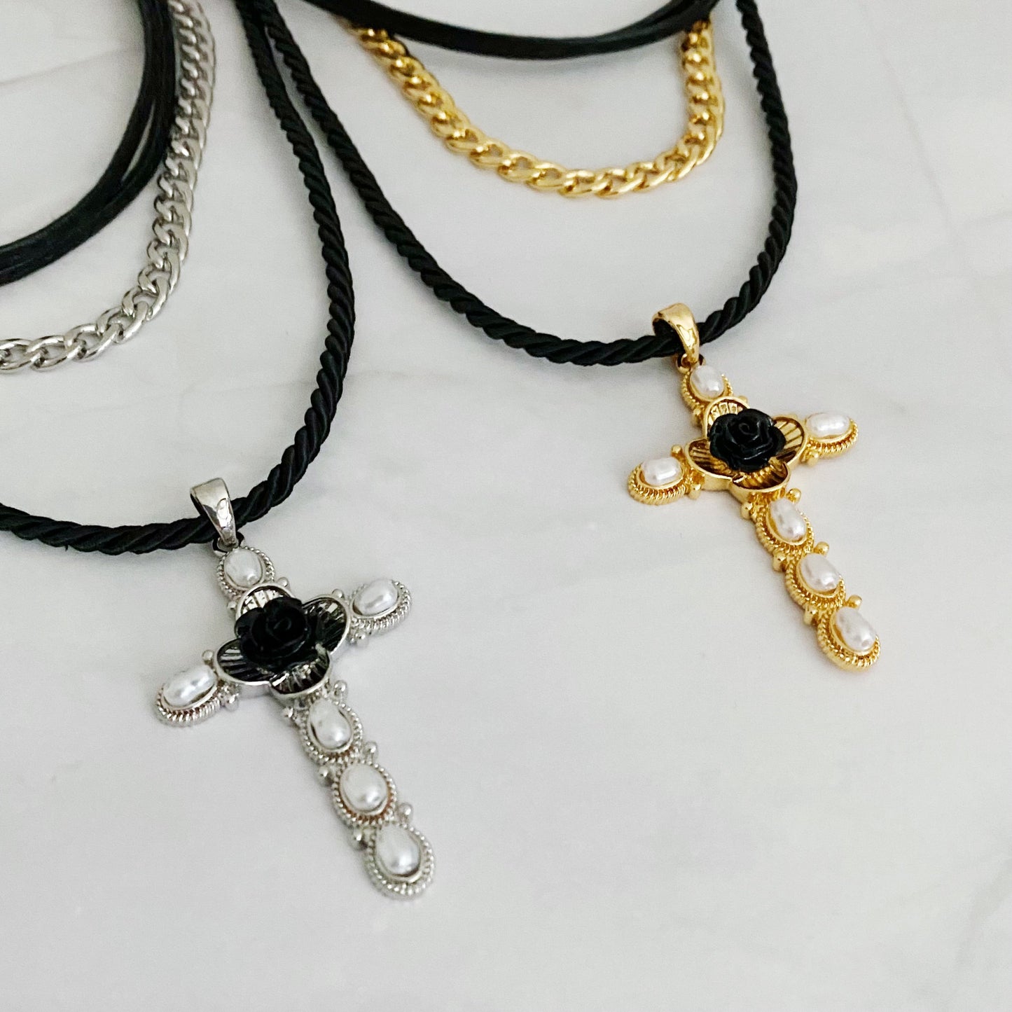 Layered Black Rose Cross Necklace