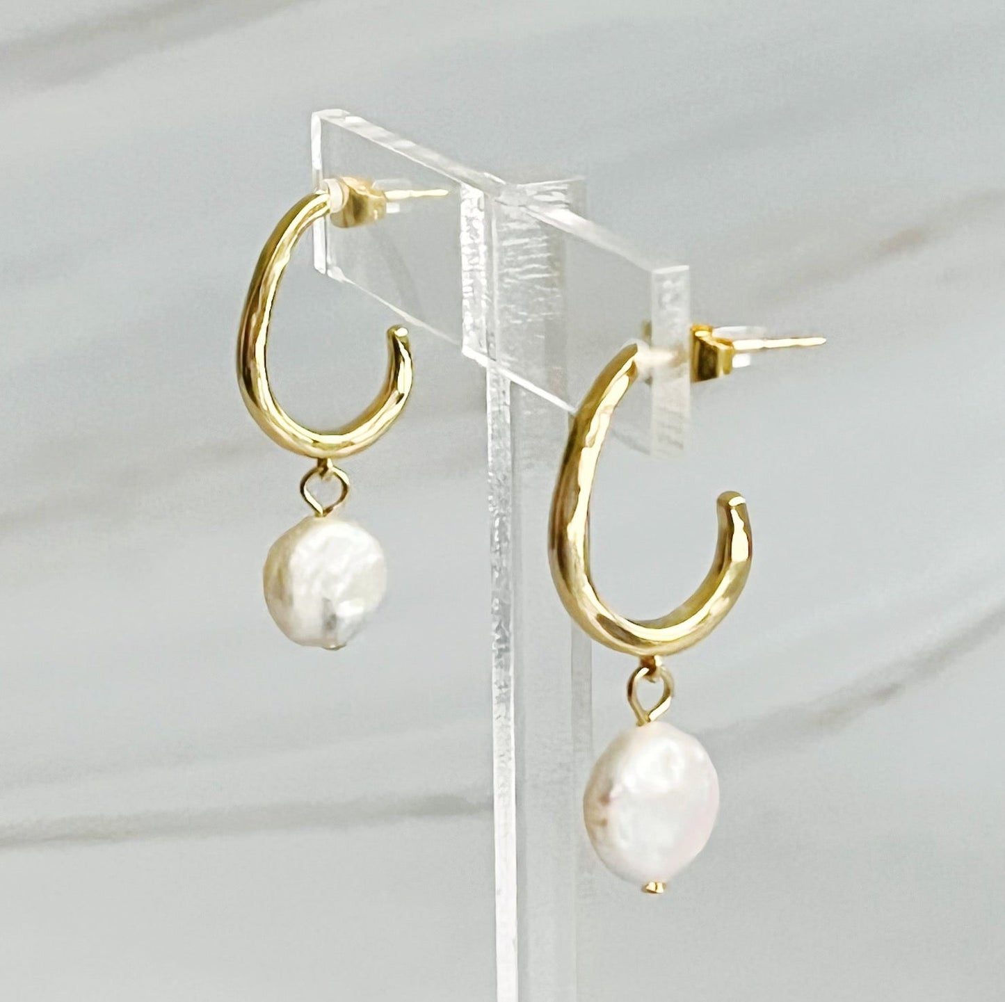 Dangle Pearl Gold Hoop Earrings